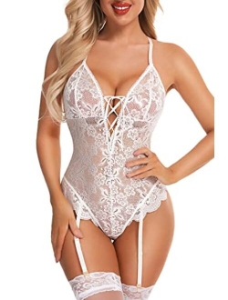 Aranmei Women Lace Bodysuit Lingerie with Garter Belt Sexy Lace Up Cut Out Teddy One Piece Outfits