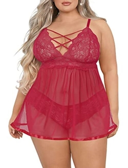 JuicyRose Women's Plus Size Lingerie Sets, Sexy Open Back Babydoll Strappy Lace Chemise