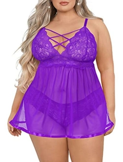 JuicyRose Women's Plus Size Lingerie Sets, Sexy Open Back Babydoll Strappy Lace Chemise