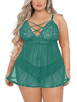 JuicyRose Women's Plus Size Lingerie Sets, Sexy Open Back Babydoll Strappy Lace Chemise