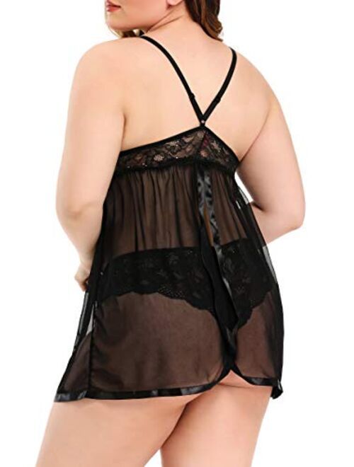 JuicyRose Women's Plus Size Lingerie Sets, Sexy Open Back Babydoll Strappy Lace Chemise