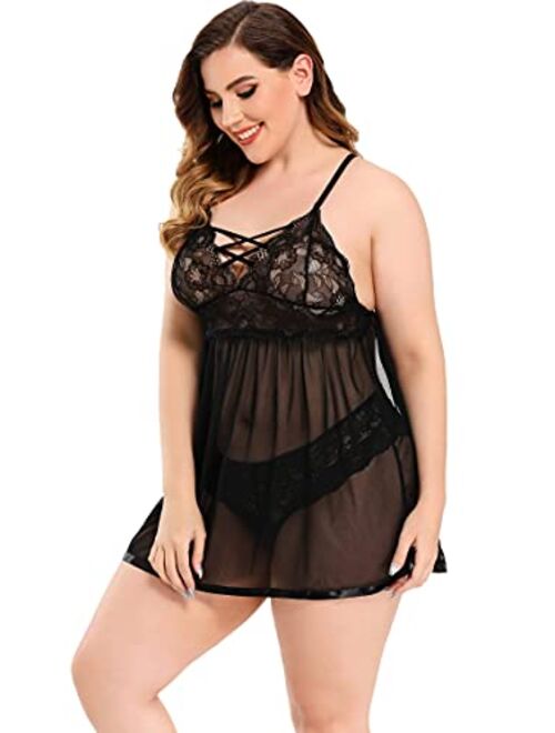 JuicyRose Women's Plus Size Lingerie Sets, Sexy Open Back Babydoll Strappy Lace Chemise