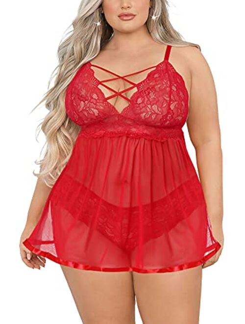 JuicyRose Women's Plus Size Lingerie Sets, Sexy Open Back Babydoll Strappy Lace Chemise