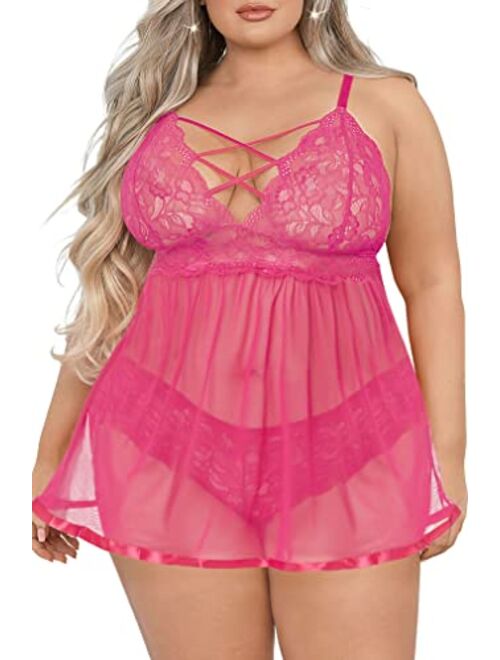 JuicyRose Women's Plus Size Lingerie Sets, Sexy Open Back Babydoll Strappy Lace Chemise