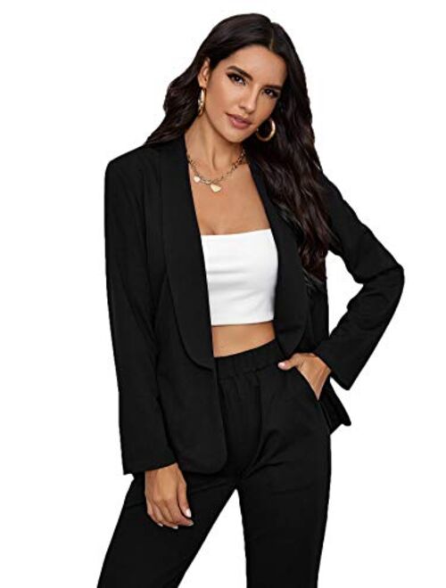 SheIn Women's Open Front Solid Blazer Two Piece Slant Pocket Pants Set Outfits