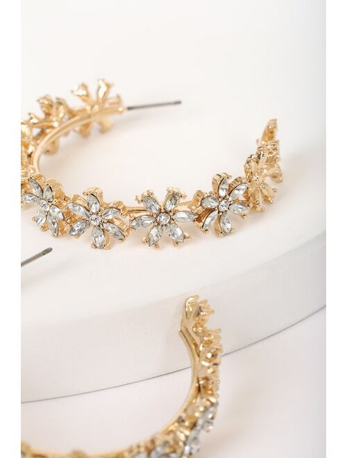 Lulus Florals Forever Gold Rhinestone Hoop Earrings