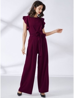 Ruffle Trim Belted Wide Leg Jumpsuit