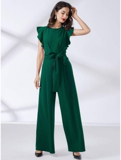 Ruffle Trim Belted Wide Leg Jumpsuit