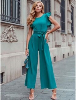 Ruffle Trim Belted Wide Leg Jumpsuit