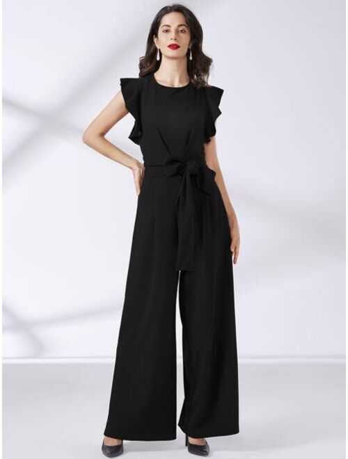 MIUSOL Ruffle Trim Belted Wide Leg Jumpsuit