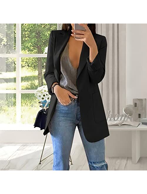 Iaahtye Womens Casual Blazers Open Front Long Sleeve Blazer Collared Slim Work Office Pockets Jackets