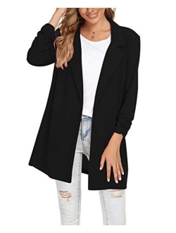 Unifizz Women's Long Ruched Sleeve Blazers Open Front Lightweight Slim Lapel Button Blazer Work Office Jacket