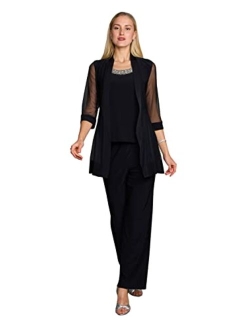 Long Mother of The Bride Formal Pant Suit| Jacket with Shear, 3/4 Length Sleeves, Elegant Slacks