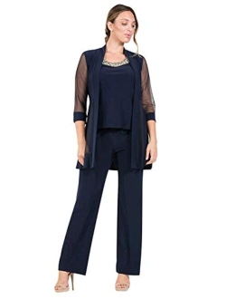 Long Mother of The Bride Formal Pant Suit| Jacket with Shear, 3/4 Length Sleeves, Elegant Slacks