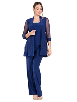 Long Mother of The Bride Formal Pant Suit| Jacket with Shear, 3/4 Length Sleeves, Elegant Slacks