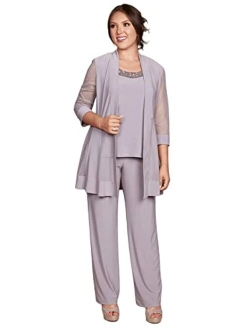 Long Mother of The Bride Formal Pant Suit| Jacket with Shear, 3/4 Length Sleeves, Elegant Slacks