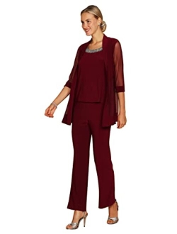 Long Mother of The Bride Formal Pant Suit| Jacket with Shear, 3/4 Length Sleeves, Elegant Slacks