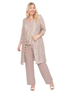 Plus Size Mother of The Bride Pant Suit, 3 Pieces Dress Set | Sleeveless with Matching Lace Jacket