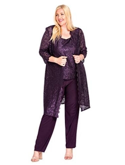 Plus Size Mother of The Bride Pant Suit, 3 Pieces Dress Set | Sleeveless with Matching Lace Jacket