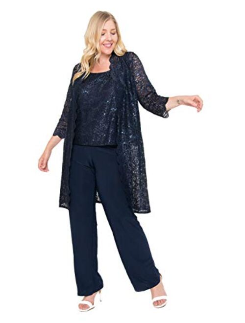 R&M Richards Plus Size Mother of The Bride Pant Suit, 3 Pieces Dress Set | Sleeveless with Matching Lace Jacket