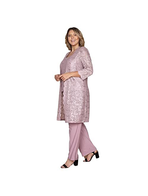 R&M Richards Plus Size Mother of The Bride Pant Suit, 3 Pieces Dress Set | Sleeveless with Matching Lace Jacket