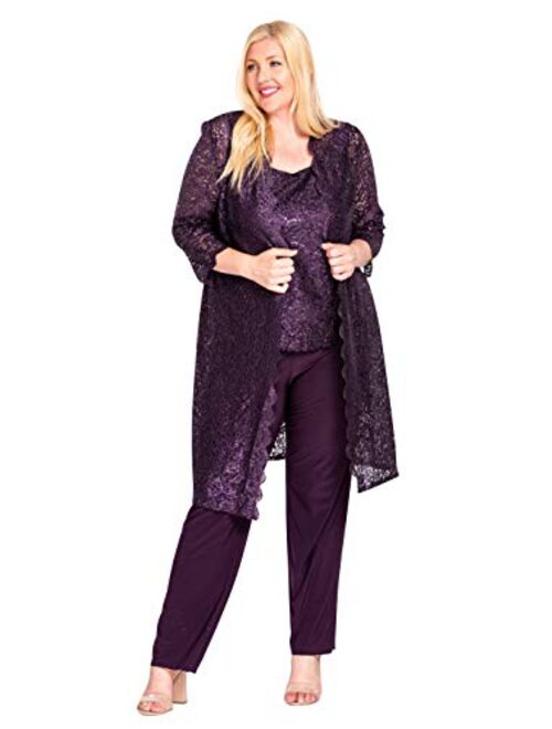 R&M Richards Plus Size Mother of The Bride Pant Suit, 3 Pieces Dress Set | Sleeveless with Matching Lace Jacket