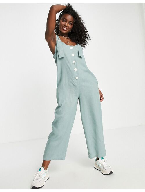 ASOS DESIGN linen button strap jumpsuit in sage