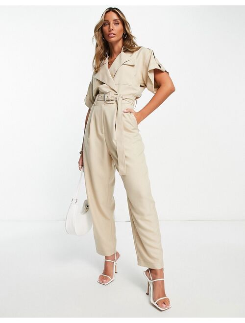 ASOS DESIGN short sleeve tux belted jumpsuit in stone