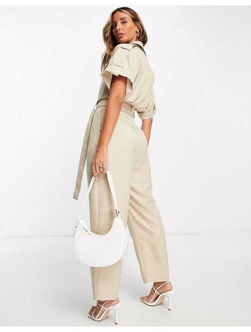 ASOS DESIGN short sleeve tux belted jumpsuit in stone