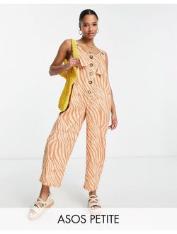 ASOS Petite ASOS DESIGN Petite linen button strap jumpsuit in animal print