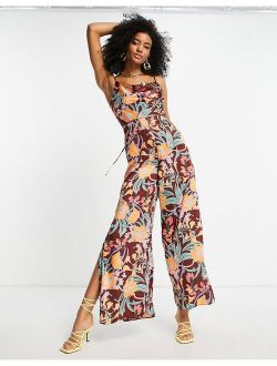 floral cowl jumpsuit in brown