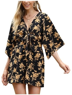 MISSKY Women's Half Sleeve Cut Out Tie Knot Front Romper Summer Floral Print Deep V Neck Short Jumpsuit with Pockets