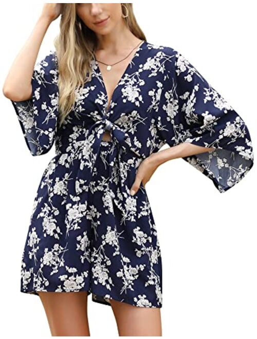 MISSKY Women's Half Sleeve Cut Out Tie Knot Front Romper Summer Floral Print Deep V Neck Short Jumpsuit with Pockets