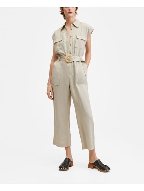 MANGO Women's Belt Linen Jumpsuit