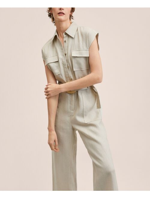 MANGO Women's Belt Linen Jumpsuit