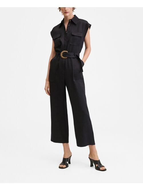 MANGO Women's Belt Linen Jumpsuit