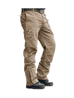 CRYSULLY Men's Cotton Multi-Pockets Work Pants Tactical Outdoor Military Army Cargo Pants (No Belt)