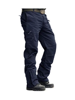 CRYSULLY Men's Cotton Multi-Pockets Work Pants Tactical Outdoor Military Army Cargo Pants (No Belt)