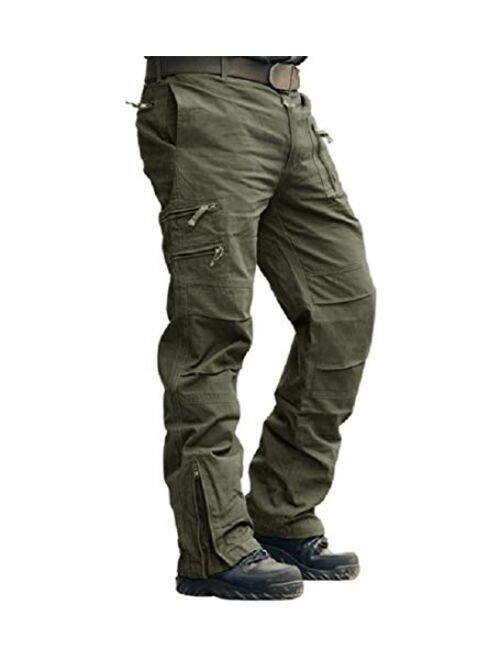 CRYSULLY Men's Cotton Multi-Pockets Work Pants Tactical Outdoor Military Army Cargo Pants (No Belt)