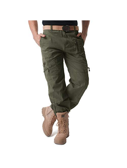 CRYSULLY Men's Cotton Multi-Pockets Work Pants Tactical Outdoor Military Army Cargo Pants (No Belt)