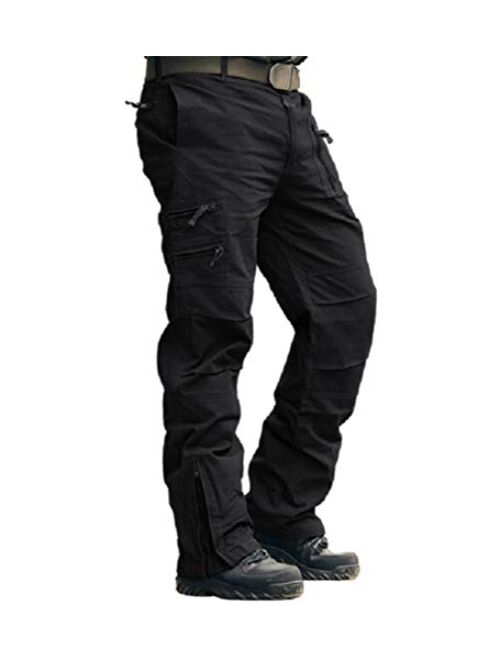 CRYSULLY Men's Cotton Multi-Pockets Work Pants Tactical Outdoor Military Army Cargo Pants (No Belt)