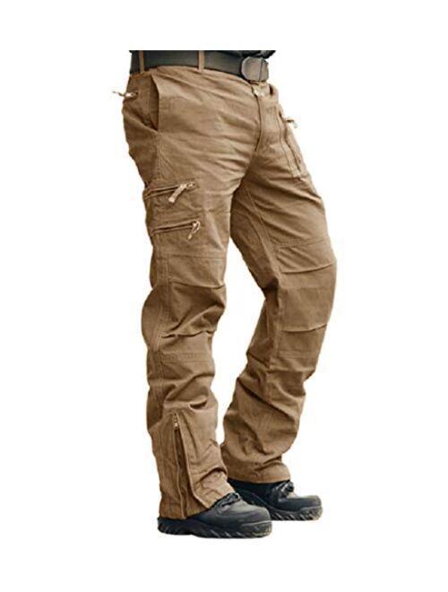 CRYSULLY Men's Cotton Multi-Pockets Work Pants Tactical Outdoor Military Army Cargo Pants (No Belt)