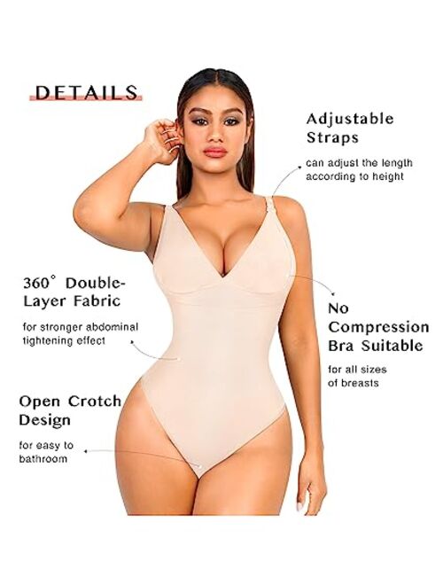 FeelinGirl Sexy Slimming Bodysuit Tummy Control Thong Shapewear Backless Body Shaper Deep V Neck