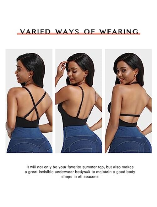 FeelinGirl Sexy Slimming Bodysuit Tummy Control Thong Shapewear Backless Body Shaper Deep V Neck