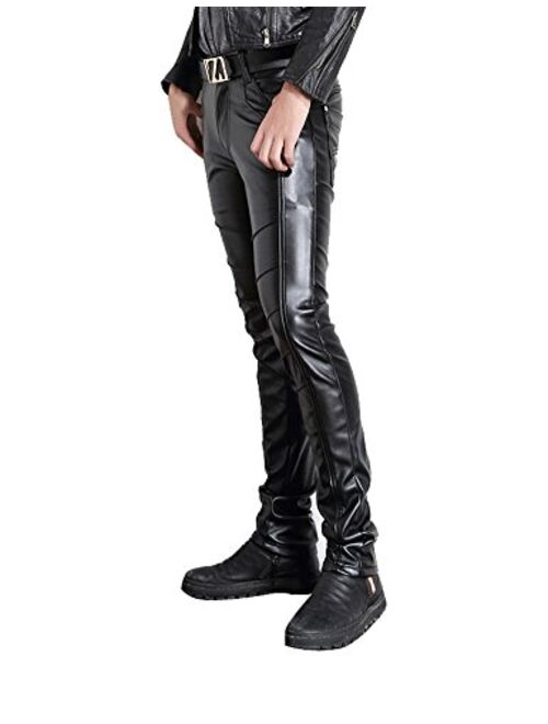 Moonwalk Men's Faux PU Leather Skinny Slim Fit Straight Leg Metallic Biker Pants Black