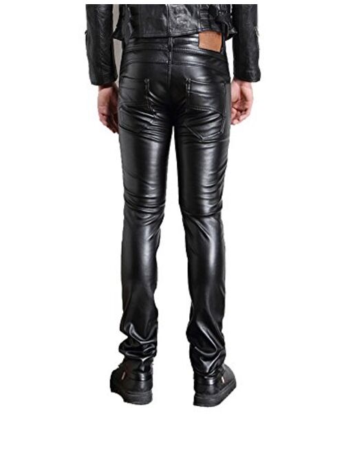 Moonwalk Men's Faux PU Leather Skinny Slim Fit Straight Leg Metallic Biker Pants Black