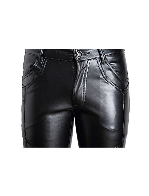 Moonwalk Men's Faux PU Leather Skinny Slim Fit Straight Leg Metallic Biker Pants Black