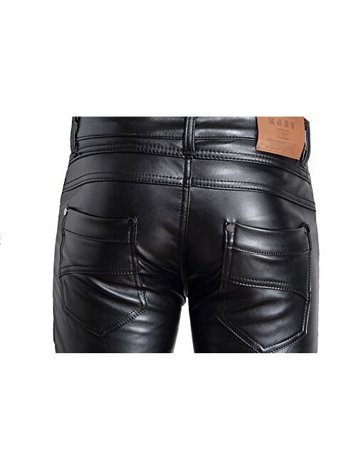 Moonwalk Men's Faux PU Leather Skinny Slim Fit Straight Leg Metallic Biker Pants Black