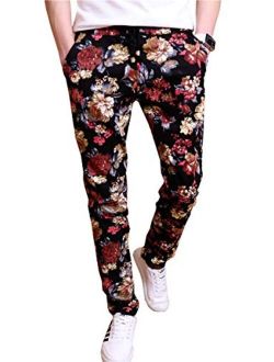 QZH.DUAO Floral Printed Casual Pants Slim Fit Flower Trousers for Men