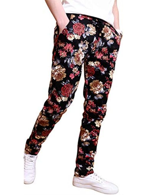 QZH.DUAO Floral Printed Casual Pants Slim Fit Flower Trousers for Men